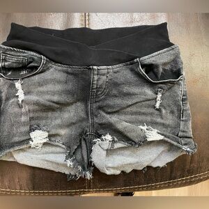 Maternity - Distressed black washed jean shorts